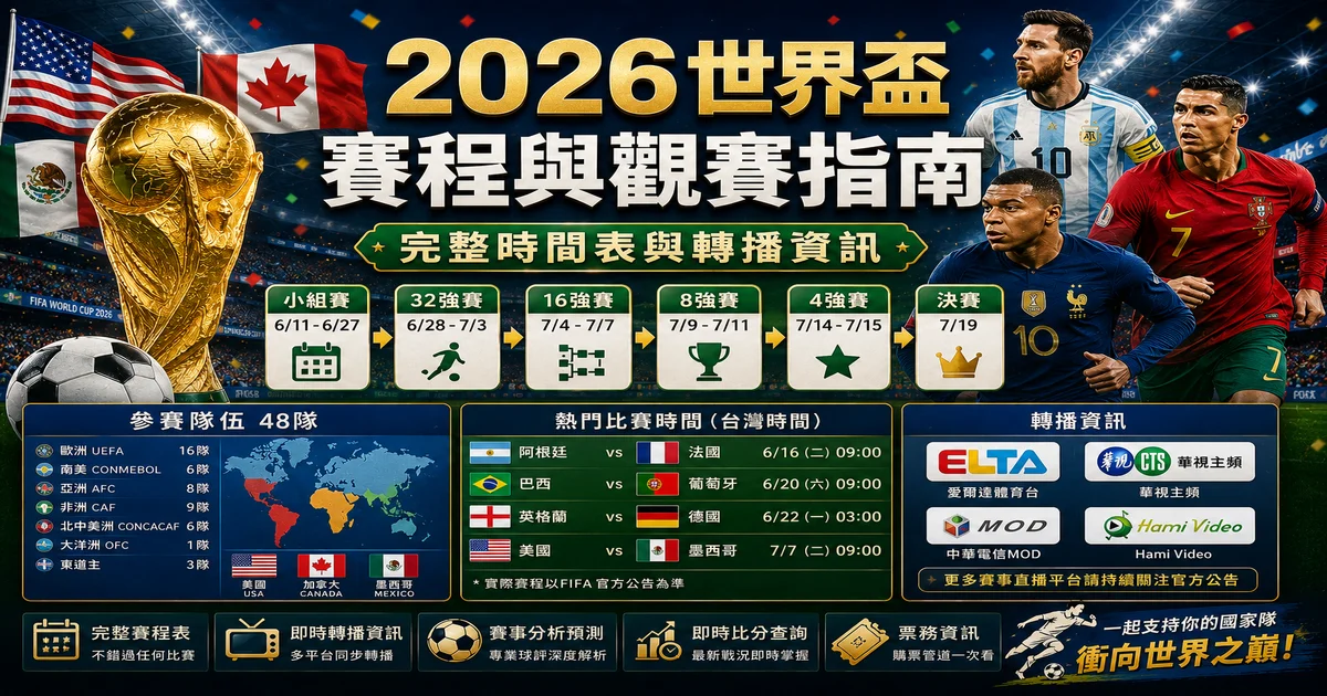 2026世界盃賽程：小組賽、淘汰賽時間表